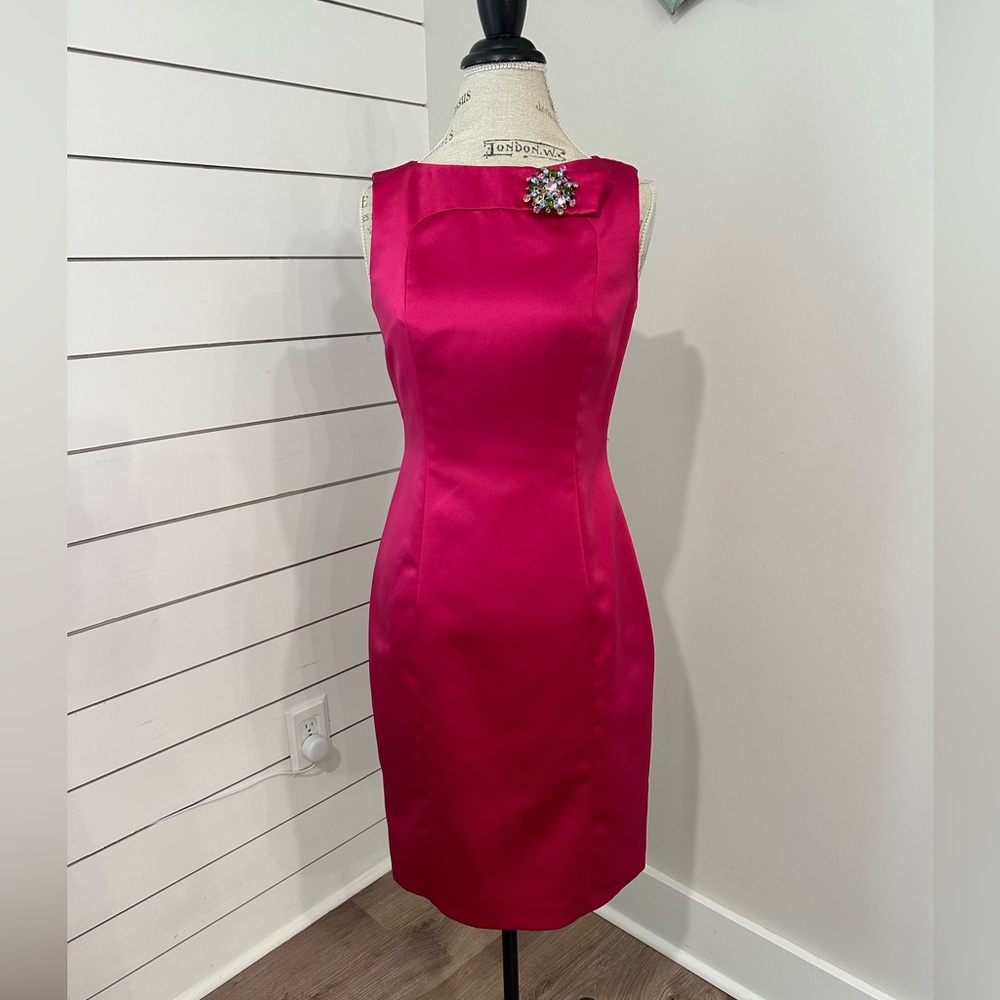 David Meister Hot Pink Satin Sheath Dress Sz 4 Designer